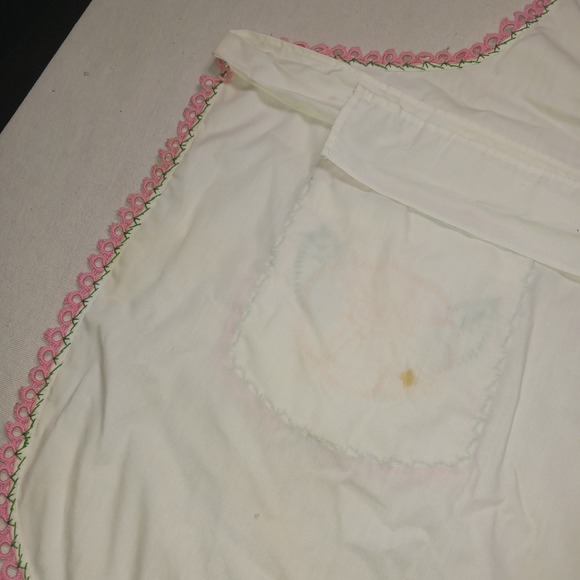 VTG Apron Floral Handmade Embroidered Pockets Bib Smock Pink Cottage farmcore - Picture 11 of 13